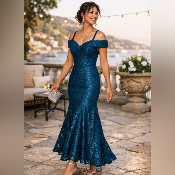 R & M Richards Dresses & Skirts - R&M Richards Peacock Blue Lace Off Shoulder Gown 10 NWT Formal Mermaid Dress